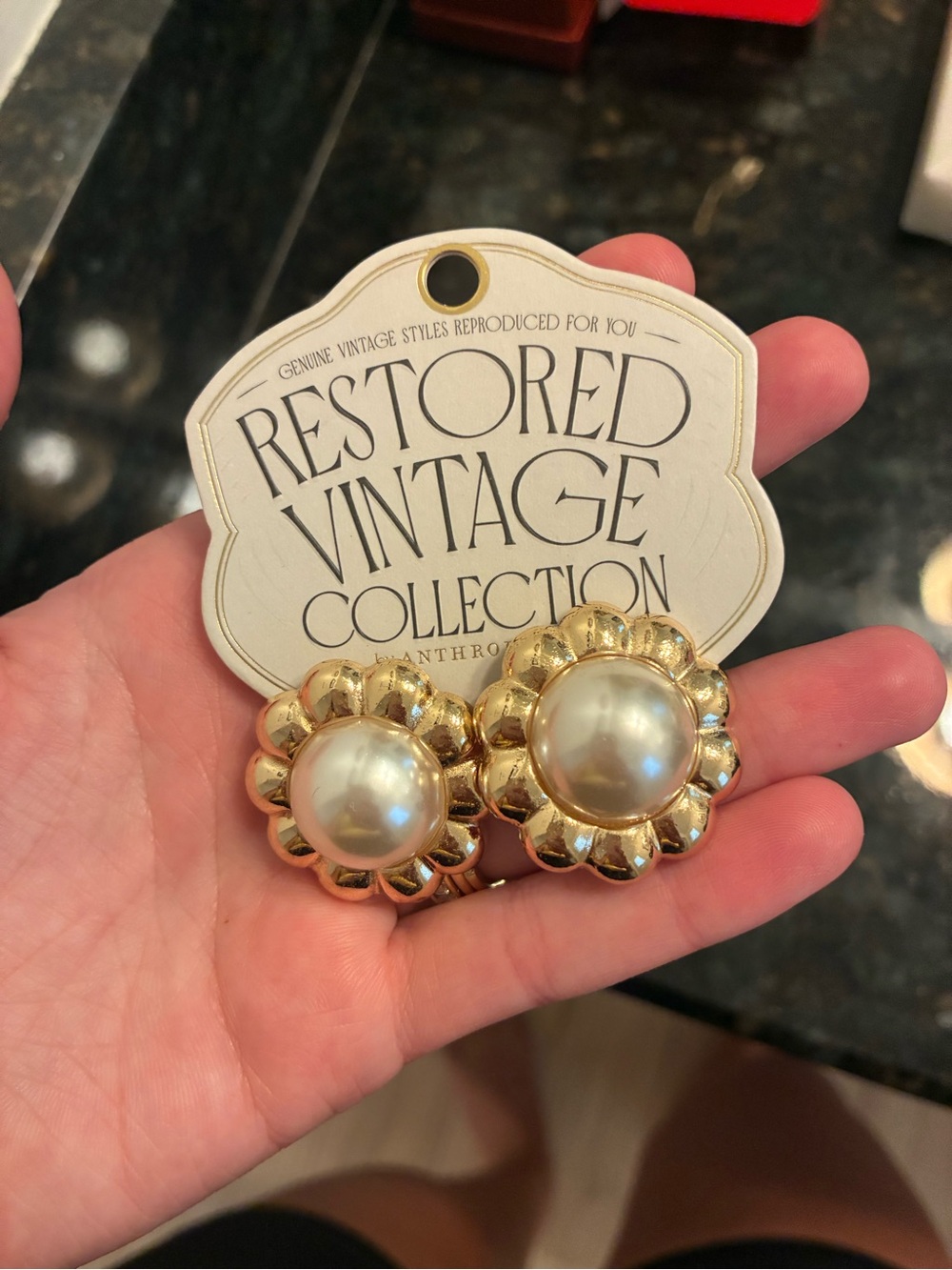 Anthropologie Restored Vintage Collection Gold Pearl Flower Earrings